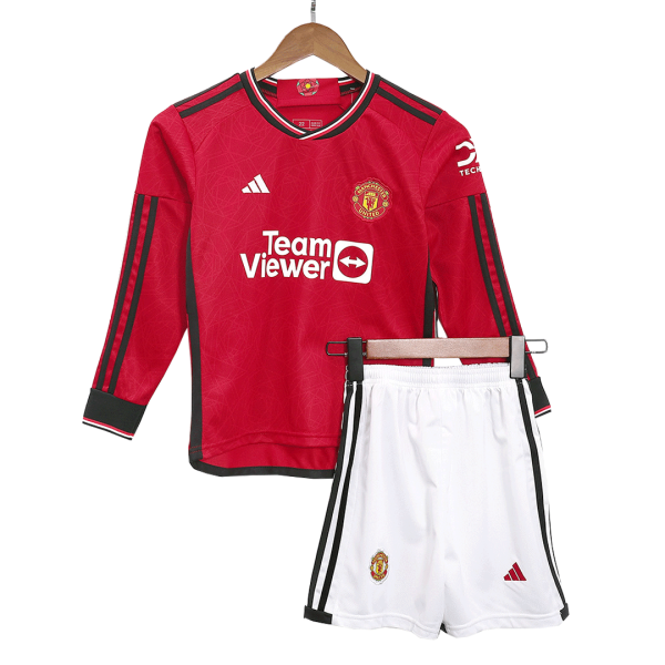 Manchester United Home Long Sleeve Kids Soccer Jerseys Kit 2023 24